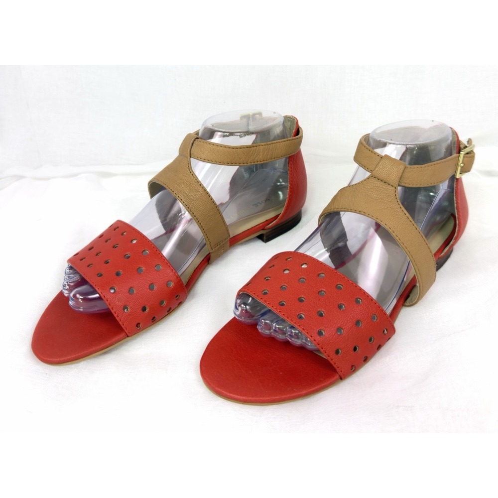 Sole Society Jaimie Leather Perforated Ankle Strap Sandals Red‎ Tan Women's 7.5